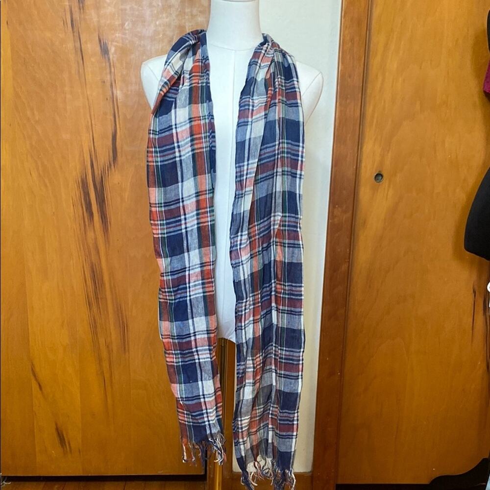 J. Crew Lightweight Linen Cotton Plaid Scarf Prep Preppy Country Club 72”
